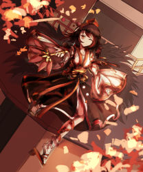 1girl ;) absurdres bare_legs black_hair black_skirt black_wings building collarbone detached_sleeves female_focus full_body geta gm_12re hand_fan hat highres holding japanese_clothes kimono kourindou_tengu_costume leaf_fan long_sleeves looking_at_viewer no_legwear obi one_eye_closed outstretched_arm pom_pom_(clothes) red_hat red_ribbon ribbon sash shameimaru_aya short_hair single_sock skirt sleeveless sleeveless_kimono smile socks solo tengu toes tokin_hat touhou white_socks wide_sleeves wings
