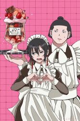 1boy 1girl alternate_costume apron black_eyes black_hair brown_dress crossdressing dress earrings enmaided food frilled_apron frills grid_background hair_between_eyes heart heart_hands highres holding holding_plate jewelry kagari_hiyuki kagurabachi kayowacool007 long_sleeves maid maid_apron maid_headdress mihara_tafuku parfait pink_background plate puffy_long_sleeves puffy_sleeves short_hair upper_body white_apron