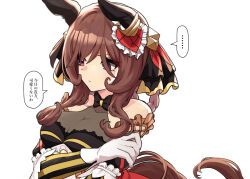 1girl animal_ears braid braided_hair_rings breasts brown_hair cleavage crossed_arms ear_covers gentildonna_(umamusume) hair_ribbon hair_rings heart_ear_ornament horse_ears horse_girl horse_tail large_breasts looking_down ne000000t red_eyes ribbon solo speech_bubble tail umamusume