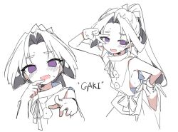 Rule 34 | 1boy, :d, arched back, arm up, armpit peek, blush, bow, cowboy shot, curtained hair, english text, from above, gloves, hakama, hakama pants, hand on own chin, hand on own hip, hip vent, houjou tokiyuki (nige jouzu no wakagimi), japanese clothes, laughing, looking at viewer, low-cut armhole, male focus, motoyui, multiple views, name (oiuio), nige jouzu no wakagimi, open mouth, osugaki, pants, parted bangs, pectorals, pointing, pointing at viewer, ponytail, purple eyes, raised eyebrows, ribs, sash, sidelocks tied back, simple background, sketch, sleeveless, smile, spot color, sweat, tabard, v, wavy mouth, white background