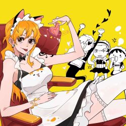 1girl 3boys anger_vein animal_ears apron bangle bare_shoulders black_bow black_bowtie black_dress bow bowtie bracelet breasts brown_eyes cat_ears collarbone commentary crossdressing dress earrings english_commentary facial_scar fake_animal_ears feet_out_of_frame frilled_headband gold_bracelet guaguapiu headband heart highres holding holding_heart jewelry large_breasts long_hair looking_at_viewer maid maid_apron maid_headdress monkey_d._luffy multiple_boys nami_(one_piece) one_piece orange_hair pearl_earrings roronoa_zoro sanji_(one_piece) scar scar_across_eye scar_on_cheek scar_on_face shoulder_tattoo single_sidelock sitting sleeveless sleeveless_dress tattoo thighhighs tongue tongue_out white_apron white_headband white_thighhighs yellow_background