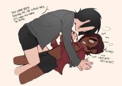 2boys ahoge between_legs black_eyeliner black_eyes black_hair black_male_underwear blush brown_hair collar collarbone collared_shirt commentary dark-skinned_male dark_skin drooling ear_piercing english_commentary existenc3 eyeliner flirting furrowed_brow gideon_graves glasses grey_shirt hair_over_one_eye heavy_breathing holding holding_leash knee_between_legs leash long_sleeves looking_at_another makeup male_focus male_underwear matthew_patel mouth_drool multiple_boys navel on_top_partner open_clothes open_shirt piercing rectangular_eyewear red_collar red_leash red_shirt scott_pilgrim_(series) scott_pilgrim_takes_off shirt short_hair speech_bubble sweatdrop teasing teeth thinking underwear white_background yaoi