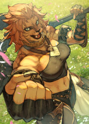 1girl absurdres arm_guards armlet axe biceps braid clenched_hand crop_top facial_mark fangs final_fantasy final_fantasy_xiv fingerless_gloves fingernails furry furry_female gloves grass hide_(hideout) highres holding holding_axe hrothgar jewelry lion_girl long_fingernails looking_at_viewer muscular muscular_female open_mouth orange_fur orange_hair over_shoulder petals sharp_fingernails single_braid solo striped_fur warrior_(final_fantasy) warrior_of_light_(ff14) weapon weapon_over_shoulder whisker_markings