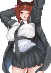 1girl animal_ears arms_up black_jacket black_necktie black_skirt blunt_bangs blush breasts brown_eyes brown_hair chestnut_mouth collared_shirt commentary_request cowboy_shot highres hisagi_(hisagi00) horse_ears horse_girl horse_tail jacket large_breasts long_sleeves looking_at_viewer medium_hair miniskirt necktie one_eye_closed open_mouth pleated_skirt shirt simple_background skirt solo tail transcend_(umamusume) umamusume underbust white_background white_shirt