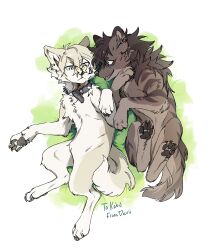Rule 34 | absurdres, blue eyes, borrowed character, bug, butterfly, butterfly on nose, collar, commentary, deviidog0, ear piercing, english commentary, full body, green background, highres, insect, looking at another, lying, no humans, on back, original, outdoors, piercing, spiked collar, spikes, wolf