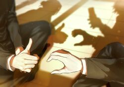 Rule 34 | 2boys, getou suguru, gojou satoru, hand focus, heart hands failure, holding, holding phone, jujutsu kaisen, jujutsu tech uniform, kuropani cos, long sleeves, male focus, multiple boys, phone, shadow, short hair, sitting, sunlight