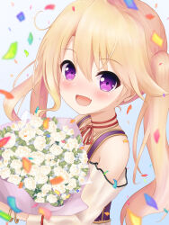 1girl absurdres bare_shoulders blonde_hair blush bouquet confetti flower from_side highres iris_mysteria! ladis_(iris_mysteria!) looking_at_viewer open_mouth purple_eyes red_ribbon ribbon sigure_hazime smile twintails upper_body white_flower