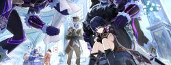 6+boys absurdres aiguillette alalen alalen_nelala anemoboxer_vanguard_(genshin_impact) armor artist_name bandaged_arm bandages belt_pouch black_bodysuit black_gloves black_hair black_hat black_leggings black_mask black_pants black_shorts black_sleeves blue_hat blunt_ends bodysuit bright_pupils brown_coat brown_gloves brown_pants brown_ribbon chair closed_mouth coat covered_collarbone cryo_symbol_(genshin_impact) cryogunner_legionnaire_(genshin_impact) cup dated electrohammer_vanguard_(genshin_impact) eyeliner eyeshadow fatui_coat fatui_logo fur_collar fur_trim furisode genshin_impact geochanter_bracer_(genshin_impact) gloves glowing glowing_eyes gold grey_eyes grey_trim hair_intakes hand_on_own_arm hat highres holding holding_coat holding_towel holding_tray holding_unworn_clothes indoors japanese_armor japanese_clothes jewelry kimono kote kurokote lapels layered_sleeves leggings looking_at_another looking_down makeup mitsudomoe_(shape) multiple_boys neck_ring open_clothes open_coat pants pauldrons pillar plant potted_plant pouch purple_coat purple_gloves purple_rope purple_sleeves pyroslinger_bracer_(genshin_impact) red_coat red_eyeliner red_eyeshadow red_ribbon ribbon rope scaramouche_(genshin_impact) self_hug shimenawa short_sleeves shorts shoulder_armor single_sode sitting spoken_character standing steam sweat tomoe_(symbol) top_hat towel tray tsurime two-sided_gloves unworn_coat vambraces vase white_coat white_hair white_mask white_pupils white_rope white_sleeves window yunomi