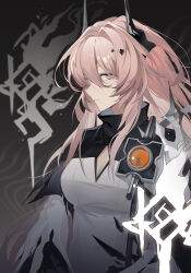 1635919987 1girl absurdres arknights black_horns breasts chinese_commentary cleavage cleavage_cutout closed_mouth clothing_cutout commentary dress hair_between_eyes highres horns light_particles long_hair long_sleeves looking_at_viewer magic medium_breasts pink_eyes pink_hair profile solo staring theresa_(arknights) turtleneck turtleneck_dress upper_body white_dress