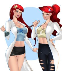 2girls alternate_breast_size asteroidart blue_eyes breasts cleavage crescent crescent_hair_ornament glasses hair_ornament highres johnny_test lab_coat lips long_sleeves mary_test miniskirt multiple_girls ponytail red_hair siblings simple_background sisters skirt star_(symbol) star_hair_ornament susan_test test_tube twins white_background