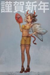 1girl animal_ears baby black_hair breasts chinese_zodiac cleavage commentary_request cow_ears cow_girl cow_horns cow_tail crop_top full_body grey_hair happy_new_year high_heels highres horns looking_at_viewer medium_breasts multicolored_hair navel new_year red_eyes red_horns red_tail shorts smile split-color_hair tail touhou two-tone_hair ushizaki_urumi year_of_the_ox yellow_shorts yst