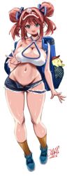 1girl absurdres azur_lane backpack bag bandaid bandaid_on_face blue_eyes blue_shoes breasts cleavage collarbone covered_erect_nipples crop_top denim denim_shorts double_bun gallant_(azur_lane) gallant_(express-ive_delivery)_(azur_lane) groin hair_bun highres large_breasts looking_at_viewer manjuu_(azur_lane) micro_shorts midriff navel official_alternate_costume open_mouth red_hair shoes shorts simple_background socks solo stomach sweat umyonge_(lkakeu) white_background yellow_socks