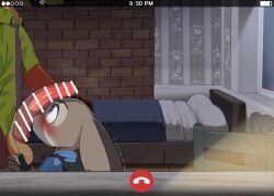 1boy 1girl animal_ears animal_penis bed calling censored dagasi erection female_focus fox_boy fox_ears furry furry_female green_eyes judy_hopps long_hair looking_at_penis nick_wilde penis precum purple_eyes rabbit_ears rabbit_girl sweat wet window zootopia
