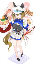 &gt;_&lt; 3girls animal_ears apron black_shoes blue_dress blue_eyes blue_hair breasts brown_hair cheval_grand_(umamusume) chibi chopsticks cleavage cleavage_cutout clothing_cutout dark_blue_hair dress dumpling ear_covers ears_through_headwear food from_above hair_between_eyes hat highres horse_ears horse_girl horse_tail jiaozi kik1 large_breasts long_hair looking_at_viewer maid_apron multicolored_hair multiple_girls noodles peaked_cap puffy_short_sleeves puffy_sleeves ramen shoes short_sleeves solo_focus spoon steamed_bun streaked_hair tail twintails umamusume v_sisters verxina_(umamusume) vivlos_(umamusume) white_apron white_hair