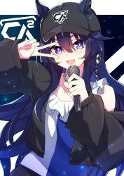 1girl :d animal_ears baseball_cap black_hat black_jacket blue_eyes blue_hair boc&#039;z_(umamusume) ears_through_headwear hair_between_eyes hat highres holding holding_microphone horse_ears horse_girl jacket long_hair looking_at_viewer microphone official_alternate_costume open_clothes open_jacket open_mouth ruisuke smile solo umamusume upper_body v verxina_(boc&#039;z_we\n)_(umamusume) verxina_(umamusume)