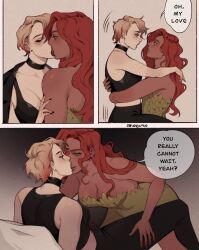 2girls ahageao49 alternate_hair_length alternate_hairstyle arms_around_neck artist_name batman_(series) black_choker black_lips black_nails black_pants black_tank_top blonde_hair breasts choker cleavage commentary dark-skinned_female dark_skin dc_comics dress ear_piercing english_commentary english_text french_kiss green_dress hand_on_another&#039;s_thigh hand_on_another&#039;s_waist harley_quinn harley_quinn_(cartoon) highres kiss large_breasts multiple_girls pants parted_lips piercing poison_ivy red_hair short_hair smile speech_bubble tank_top yuri