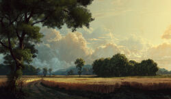 absurdres cloud cloudy_sky commentary cumulonimbus_cloud day english_commentary field highres no_humans original outdoors path philipp_urlich road scenery sky tree wheat_field