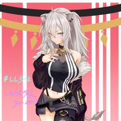 1girl ahoge animal_ear_piercing animal_ears bare_shoulders black_nails breasts cleavage clothes_down commentary_request cropped_shirt double-parted_bangs fingernails front_slit fur-trimmed_jacket fur_trim gold_necklace grey_eyes grey_hair hair_between_eyes halter_shirt halterneck hand_on_own_chest highres hololive jacket jacket_partially_removed jewelry large_breasts libus light_smile lion_ears lion_girl lion_tail long_hair long_sleeves looking_at_viewer messy_hair miniskirt navel necklace o-ring panty_straps pantyhose see-through_cleavage see-through_clothes sharp_fingernails shirt shishiro_botan shishiro_botan_(1st_costume) sidelocks single_leg_pantyhose skirt sleeveless sleeveless_shirt solo tail torn_clothes torn_pantyhose virtual_youtuber