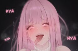 1girl ahegao black_background blunt_bangs blush from_side highres hololive hololive_english looking_at_viewer mori_calliope open_mouth pink_hair prab red_eyes solo teeth tongue tongue_out turtleneck upper_teeth_only virtual_youtuber