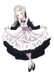 1girl apron black_dress black_shoes blonde_hair blush colored_eyelashes commentary_request crossed_ankles curtsey dress flipped_hair full_body gakuen_idolmaster idolmaster janenbokumeetu long_hair long_sleeves looking_at_viewer maid_apron maid_headdress orange_eyes shinosawa_hiro shoes simple_background smile solo white_apron white_background