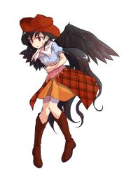 1girl alphes_(style) black_hair black_wings boots brown_boots brown_hat brown_skirt checkered_clothes checkered_skirt commentary_request cowboy_boots cowboy_hat dairi feathered_wings full_body hand_on_own_stomach hat highres horse_tail kurokoma_saki long_hair looking_at_viewer neckerchief orange_skirt overskirt parody ponytail puffy_short_sleeves puffy_sleeves red_eyes short_sleeves skirt solo standing style_parody sweatdrop tachi-e tail touhou transparent_background very_long_hair white_neckerchief wings