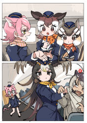 Rule 34 | 5girls, airplane interior, animal ears, blazer, brown eyes, brown hair, flight attendant, flight attendant hat, giant otter (kemono friends) (kuro (kurojill)), highres, jacket, kanmoku-san, kemono friends, multicolored hair, multiple girls, neckerchief, okapi (kemono friends), peach panther (kemono friends), pink hair, siberian chipmunk (kemono friends), striated caracara (kemono friends), surprised, travel attendant, yellow eyes