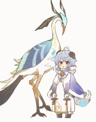 1girl aged_down bell bird blue_hair blush cape child cloud_retainer_(genshin_impact) crane_(animal) dress ganyu_(genshin_impact) ganyu_(young)_(genshin_impact) genshin_impact highres hood hood_down hooded_cape horns looking_at_viewer nanase_(nanataroo_7) official_alternate_costume parted_lips purple_eyes simple_background standing xianyun_(genshin_impact)