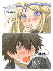 .osari 1boy 1girl black_gloves black_hair blonde_hair blue_eyes blush cartethyia_(wuthering_waves) commentary crown_of_thorns earrings english_commentary gloves hair_between_eyes hand_up highres jewelry male_rover_(wuthering_waves) multiple_earrings open_mouth pointy_ears rover_(wuthering_waves) sidelocks tacet_mark_(wuthering_waves) wuthering_waves yellow_eyes