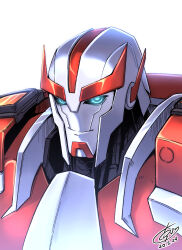 autobot black_sclera blue_eyes colored_sclera dated glowing glowing_eyes highres looking_at_viewer mecha mecha_focus ongget1 portrait ratchet_(transformers) robot signature simple_background smile solo transformers transformers_prime white_background