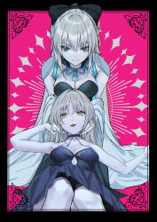 Rule 34 | 2girls, artoria pendragon (fate), bare arms, bare legs, bare shoulders, black bow, black dress, blonde hair, blue eyes, bow, braid, braided bun, breasts, bun with braided base, center opening, cleavage, clothing cutout, collarbone, dark persona, detached sleeves, dress, fate/grand order, fate (series), full body, gothic lolita, grey hair, hair bow, hair bun, half up braid, hand on another&#039;s cheek, hand on another&#039;s face, hand on another&#039;s hand, highres, juliet sleeves, large breasts, lolita fashion, long hair, long sleeves, looking at viewer, medium breasts, morgan le fay (fate), morgan le fay (first ascension) (fate), multiple girls, notonaon, outstretched arm, outstretched hand, parted lips, ponytail, puffy sleeves, saber alter, saber alter (third ascension), short hair, sidelocks, single hair bun, sleeveless, sleeveless dress, smile, solo, stomach cutout, two-tone dress, very long hair, yellow eyes, yuri