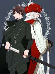 2boys absurdres axis_powers_hetalia back-to-back beard_stubble brown_hair ca_lamari cape cross cross_necklace eye_mask facial_hair feet_out_of_frame gloves green_eyes grey_background grey_eyes highres holding holding_sheath holding_sword holding_weapon jewelry kilij latin_cross male_focus multiple_boys necklace pants profile robe scimitar sheath shirt short_hair spain_(hetalia) spanish_clothes stubble sword turban turkey_(hetalia) turkish_clothes weapon