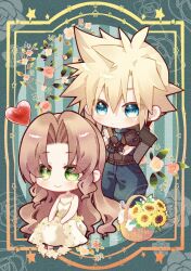 1boy 1girl absurdres aerith_gainsborough aerith_gainsborough_(white_floral_dress) arestear0701 armor artist_name baggy_pants bare_arms bare_shoulders belt blonde_hair blue_eyes blue_pants blue_shirt brown_belt brown_hair brushing_another&#039;s_hair brushing_hair buster_sword chibi closed_mouth cloud_strife dress dress_flower earrings final_fantasy final_fantasy_vii final_fantasy_vii_ever_crisis final_fantasy_vii_remake floral_background flower full_body gold_trim green_eyes hair_between_eyes hetero highres holding holding_brush holding_wreath jewelry long_dress long_hair multiple_belts necklace official_alternate_costume pants parted_bangs pauldrons rose shirt short_hair shoulder_armor sidelocks single_earring single_pauldron sitting sleeveless sleeveless_turtleneck smile spiked_hair sunflower suspenders turtleneck wavy_hair weapon weapon_on_back white_dress yellow_flower