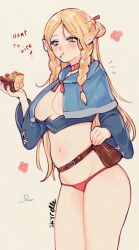 1girl animated arm_at_side belt blonde_hair blue_capelet blue_shirt blush bouncing_breasts braid breasts cake capelet choker closed_mouth cropped_shirt dungeon_meshi eating elf eyebrows eyelashes feet_out_of_frame female_focus food green_hair hand_up highres holding holding_food hood hood_down hooded_capelet live2d long_hair long_sleeves looking_at_viewer looking_to_the_side looping_animation marcille_donato medium_breasts navel panties pointy_ears red_choker red_panties shirt side_braids simple_background skyrelle solo standing tagme underwear video wdmov wide_sleeves