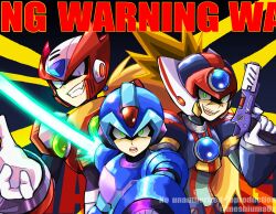 Rule 34 | 3boys, absurdres, android, arm cannon, armor, axl (mega man), black armor, black helmet, blonde hair, blue armor, blue helmet, brown hair, character name, chest jewel, chinese finger trap, closed eyes, energy sword, forehead jewel, group picture, gun, helmet, highres, holding, holding gun, holding sword, holding weapon, long hair, male focus, mega man (series), mega man x (series), meshiuma0x, multiple boys, partially shaded face, red armor, red helmet, shoulder armor, simple background, smirk, spiked hair, sword, upper body, weapon, white background, x (mega man), zero (mega man)