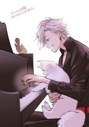 1boy absurdres ahoge belt bird black_shirt cat earrings fang grand_piano highres ikemen_villain instrument jewelry male_focus mgs_emuko music nail_polish open_mouth piano playing_instrument playing_piano red_eyes red_nails shirt short_hair white_background white_hair william_rex