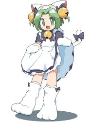 1girl :d animal_hat apron bell blue_bow blue_bowtie blue_dress bow bowtie cat_girl cat_hat cat_tail cocia_(kosianko) dejiko di_gi_charat dress footwear_bow full_body green_eyes green_hair hair_bell hair_bow hair_ornament hat highres jingle_bell looking_at_viewer medium_hair mittens open_mouth parted_bangs paw_shoes petticoat puffy_short_sleeves puffy_sleeves short_sleeves skirt_hold smile solo standing tail tail_bow tail_ornament two_side_up white_apron white_background white_footwear white_hat white_mittens