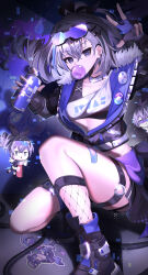 1girl absurdres aichinaigai black_footwear black_jacket black_shorts blowing_bubbles breasts can collarbone drill_hair drill_ponytail fingerless_gloves fishnets gloves goggles goggles_on_head grey_eyes grey_hair hair_between_eyes highres holding holding_can honkai:_star_rail honkai_(series) jacket looking_at_viewer midriff_peek partially_unzipped shorts silver_wolf_(honkai:_star_rail) small_breasts sports_bra spray_can thighhighs wubbaboo_(honkai:_star_rail)