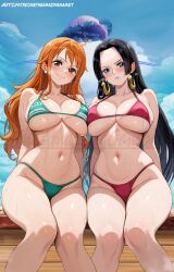 Rule 34 | 2girls, black hair, boa hancock, breasts, closed mouth, female focus, highres, large breasts, long hair, multiple girls, nami (one piece), one piece, orange hair, smile, swimsuit, the amazing gambit
