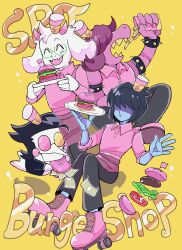 Rule 34 | 1girl, 1other, 2boys, armlet, blue skin, colored skin, colored teeth, deltarune, goat boy, highres, jewelry, kris (dark world) (deltarune), kris (deltarune), multiple boys, ralsei, shio tou, spamton g. spamton, spiked armlet, susie (dark world) (deltarune), susie (deltarune)