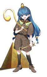 1girl absurdres belt black_belt black_socks blue_eyes blue_hair brown_shirt brown_shoes brown_shorts buttons collared_shirt earrings facial_mark fossilized_wonders full_body gold_hairband hair_ornament hairband hand_up harukawa_moe_(style) headpiece highres hime_cut holding holding_polearm holding_weapon jewelry keiki8296 key_earrings kneehighs long_hair looking_at_viewer low-tied_long_hair michigami_nareko open_mouth parody pocket polearm pyramid_(structure) shadow shirt shoes short_sleeves shorts simple_background smile socks solo standing style_parody touhou weapon white_background