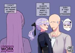 1girl 2boys bald cosplay english_text food grin jaheterbang lapwing_(vrchat) lapwing_(vrchat)_(cosplay) lipstick makeup multiple_boys open_mouth original pocky ponytail smile vrchat vrchat_(medium) yaoi