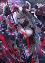 1girl bare_shoulders black_dress black_gloves breasts cleavage cloak detached_collar dress fate/grand_order fate_(series) flower fur-trimmed_cloak fur_trim gloves hair_ornament half_gloves highres large_breasts long_hair looking_at_viewer marie_antoinette_(fate) marie_antoinette_alter_(fate) marie_antoinette_alter_(third_ascension)_(fate) no-kan off_shoulder red_cloak side_ponytail solo very_long_hair weapon white_hair yellow_eyes