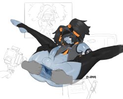 Rule 34 | 1boy, anus, blue skin, colored skin, extreme gaping, gaping, highres, liren44, male focus, original, partially undressed, presenting, spread anus, thighhighs, uncensored