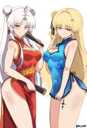 2girls absurdres ahoge alternate_costume bare_legs bare_shoulders black_bow blonde_hair blue_dress blush bow breasts can carlotta_(wuthering_waves) china_dress chinese_clothes cleavage closed_mouth commentary covered_navel cowboy_shot den_kun69 double_bun dress earrings english_commentary folded_fan folding_fan hair_bow hair_bun hair_ornament hand_fan highres holding holding_can jewelry legs long_hair looking_at_viewer medium_breasts multiple_girls parted_bangs phoebe_(wuthering_waves) purple_eyes red_dress side_slit simple_background striped_bow tacet_mark_(wuthering_waves) thighs twitter_username very_long_hair white_background white_hair wuthering_waves x_hair_ornament