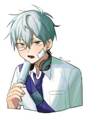 Rule 34 | 1boy, alien stage, blue necktie, collared shirt, commentary, cropped torso, food, gauze, gauze on cheek, green eyes, grey hair, hashtag-only commentary, headphones, headphones around neck, highres, holding, holding food, holding popsicle, k uj89, male focus, necktie, open mouth, popsicle, shirt, short hair, simple background, solo, till (alien stage), very short hair, white background, white shirt