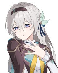 1girl absurdres black_hairband black_jacket blue_pupils closed_mouth commentary firefly_(honkai:_star_rail) grey_hair hair_between_eyes hair_intakes hairband hand_on_own_chest hand_up highres honkai:_star_rail honkai_(series) jacket long_hair long_sleeves looking_at_viewer multicolored_eyes neckerchief nicel orange_neckerchief purple_eyes shirt simple_background smile solo two-tone_eyes upper_body white_background white_shirt