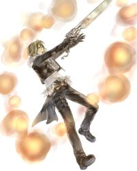 1boy arms_up belt belt_buckle black_belt black_footwear black_gloves black_jacket black_pants blue_eyes brown_belt brown_hair buckle chain chain_necklace commentary_request cropped_jacket dated_commentary dissidia_final_fantasy final_fantasy final_fantasy_viii from_side full_body fur-trimmed_jacket fur_trim gloves gunblade hinokami holding holding_weapon jacket jewelry knee_up long_sleeves magic male_focus multiple_belts necklace open_clothes open_jacket open_mouth pants pendant scar scar_on_face serious shirt short_hair solo squall_leonhart studded_belt thigh_strap v-neck waist_cape weapon white_background white_fur white_shirt