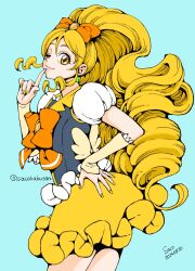 1girl arm_warmers artist_name black_vest blonde_hair bow bowtie closed_mouth clover_earrings cure_honey dated hair_bow happinesscharge_precure! highres long_hair magical_girl nail_polish one_eye_closed oomori_yuuko orange_bow orange_bowtie ponytail precure puffy_short_sleeves puffy_sleeves sayococco shirt short_sleeves skirt smile solo twitter_username very_long_hair vest white_shirt yellow_eyes yellow_skirt
