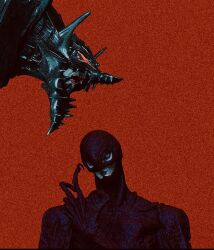 2boys armor berserk berserker_armor black_armor emonate00 femto_(berserk) griffith_(berserk) guts_(berserk) highres male_focus multiple_boys red_background red_eyes sharp_teeth simple_background teeth