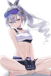 Rule 34 | 1girl, bare legs, barefoot, black gloves, black ribbon, black sports bra, commentary, crop top, drill hair, eyewear on head, fingerless gloves, gloves, grey eyes, grey hair, hair ornament, hair ribbon, hairclip, highres, honkai: star rail, honkai (series), indian style, long hair, looking at viewer, midriff, morami (mora2 shitekita), nail polish, navel, ponytail, purple nails, ribbon, shirt, short sleeves, silver wolf (honkai: star rail), simple background, single-shoulder shirt, single bare shoulder, single sleeve, sitting, solo, sports bra, stomach, sunglasses, toenail polish, toenails, white background, white shirt